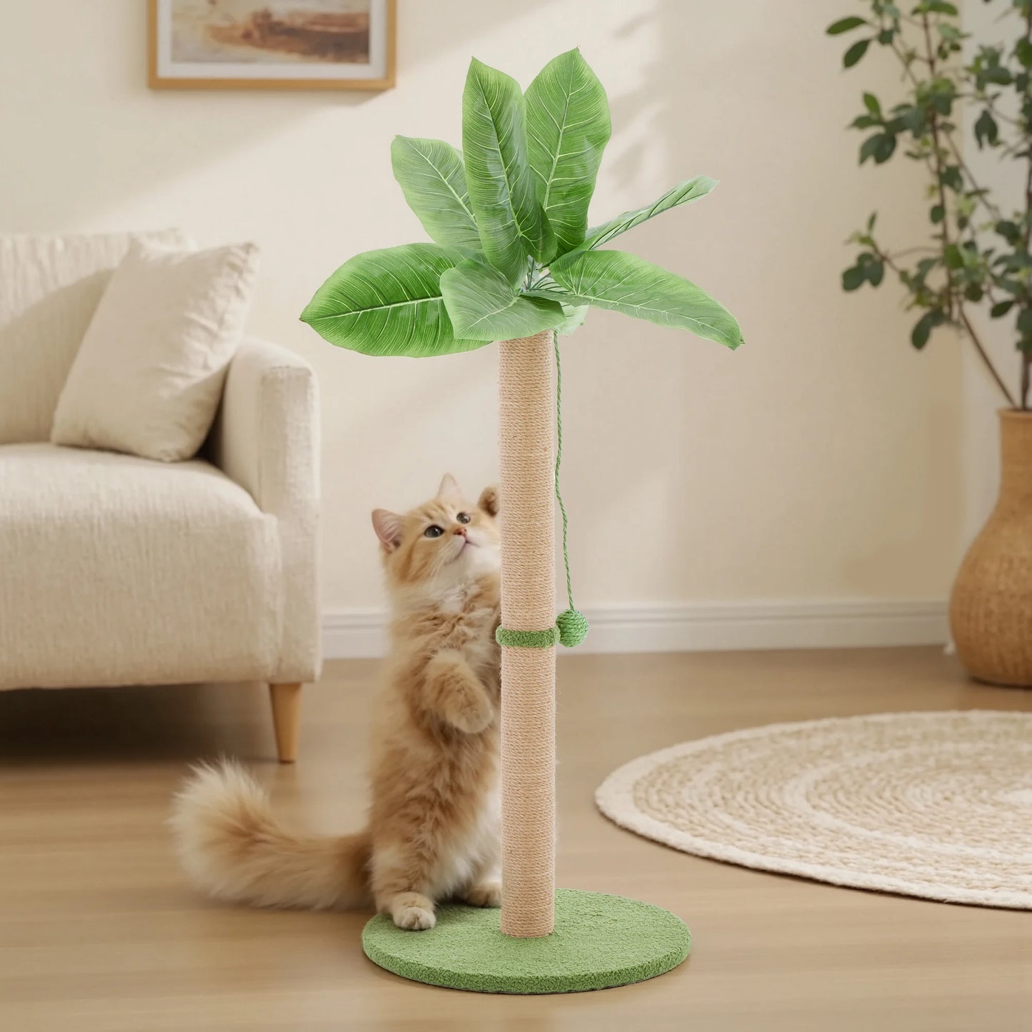 JHK 33In Tall Cat Scratching Post with Dangling Ball for Indoor Cats Palm Tree Cat Scratch Post for Kittens with Sisal Post Gree