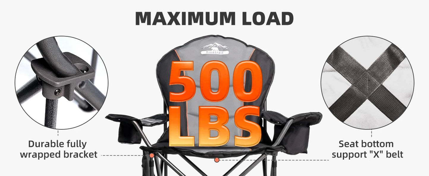Tisetrail Oversized Camping Chair Folding Chair with Cooler Padded Outdoor Chairs Heavy Duty Support 500 LBS Black&Gray