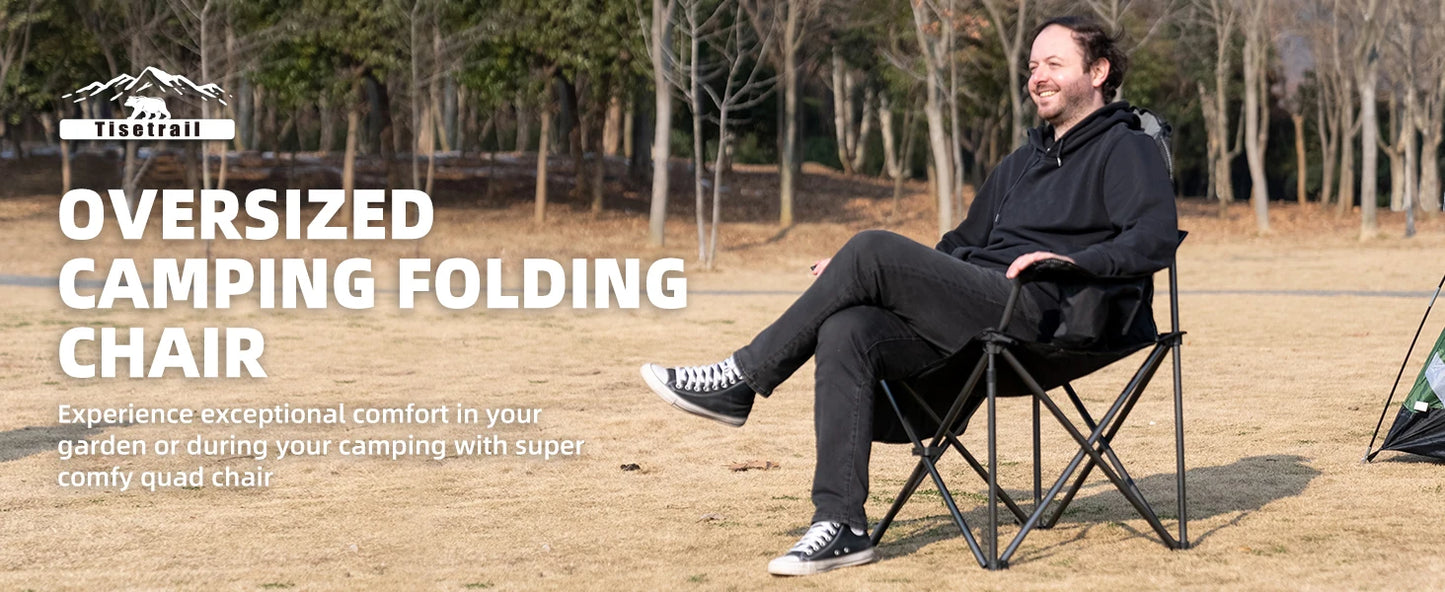 Tisetrail Oversized Camping Chair Folding Chair with Cooler Padded Outdoor Chairs Heavy Duty Support 500 LBS Black&Gray