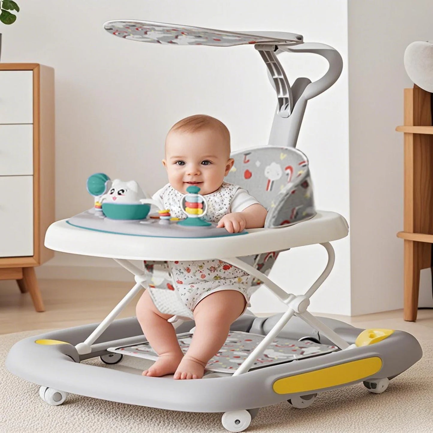 6 in 1 Baby Walker with Music,Lights,Spinning Wheels,Toy Rack,Pusher,Dining Tray For 7 Months Plus Kids Push Walker Antirollover
