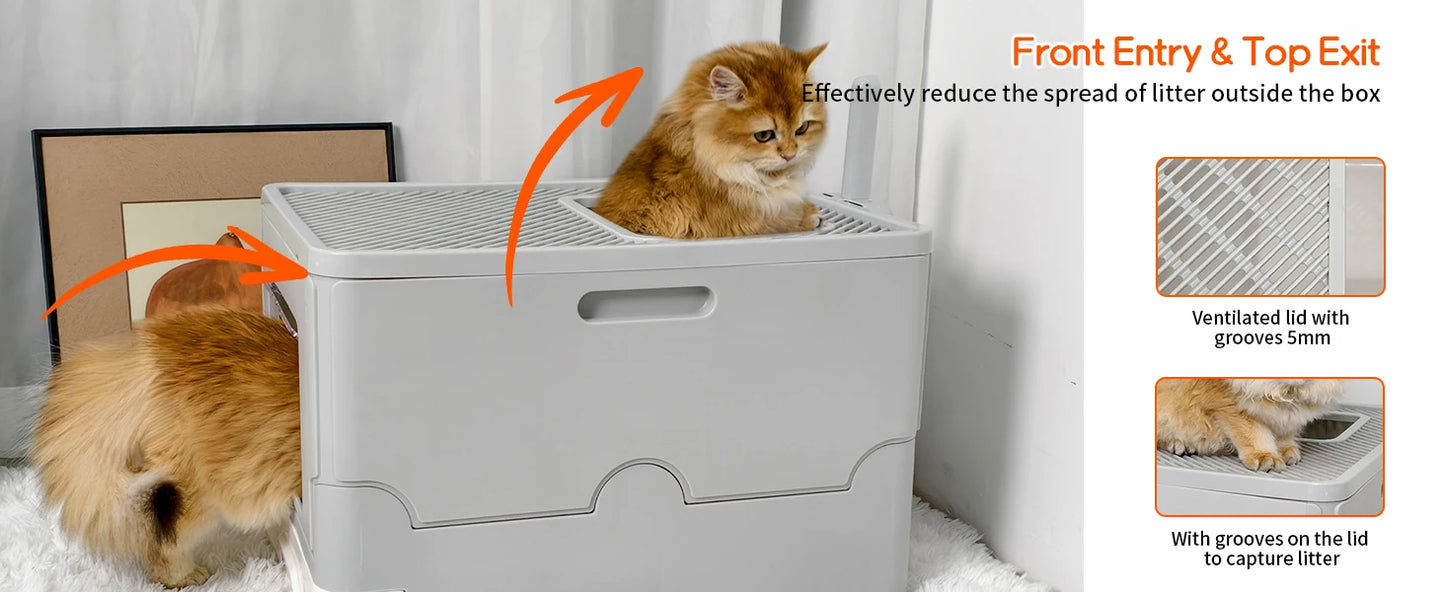 4-Style Cat Litter Box with Lid Large Kitty Litter Box Enclosed with High Sided Enclosure Scoop Non-Sticky