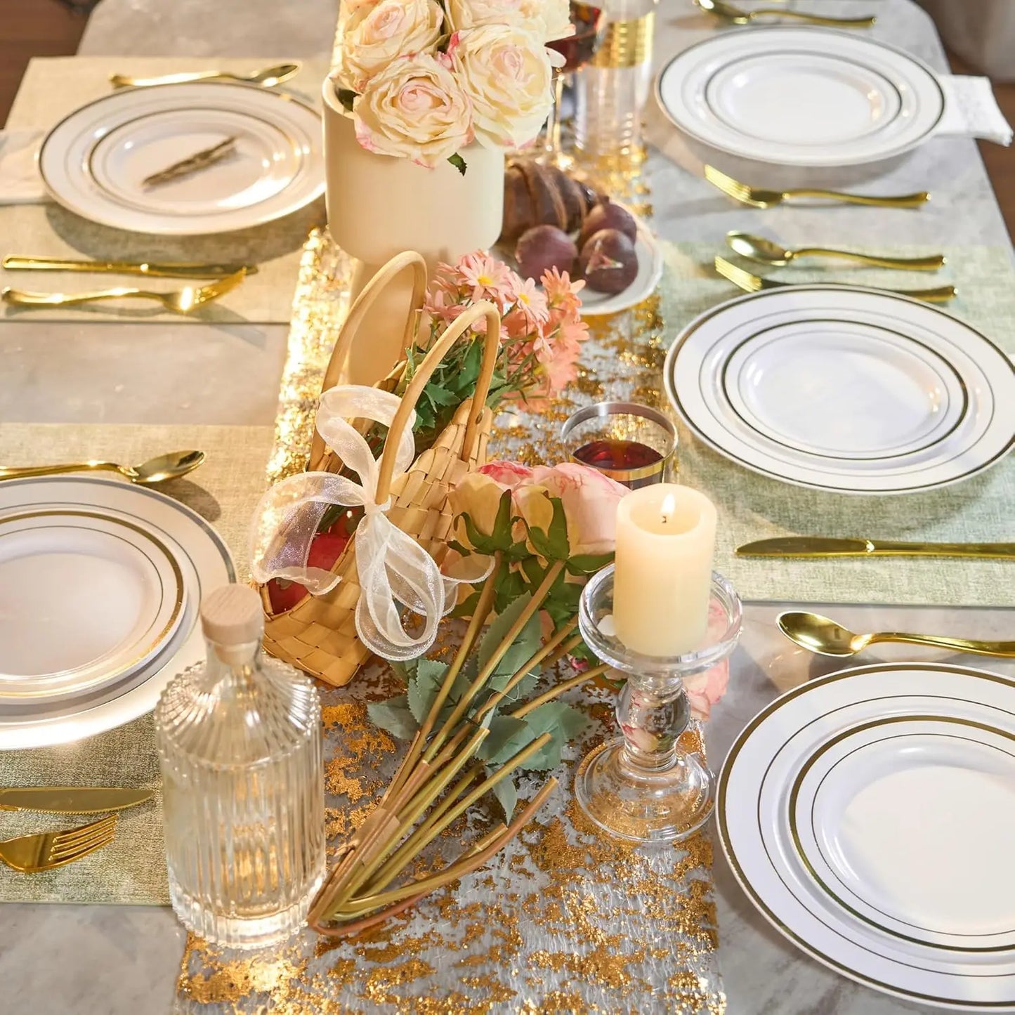350 Pieces Gold Disposable Plates for 50 Guests, Disposable Plastic Plates for Party,Wedding, Dinnerware Set of 50 Dinner Plates