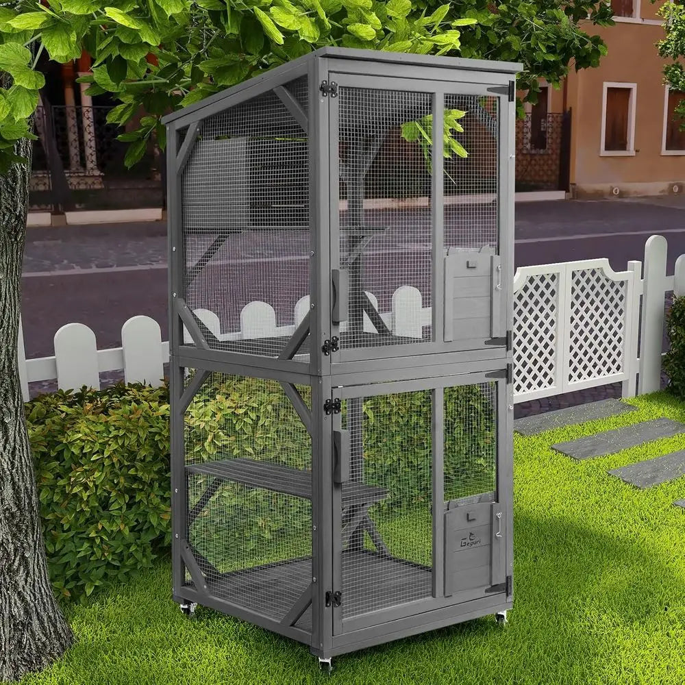 Outdoor Large Wooden Cat Enclosure with Upgraded Resting Box, Waterproof Roof for Kitten Patio Indoor