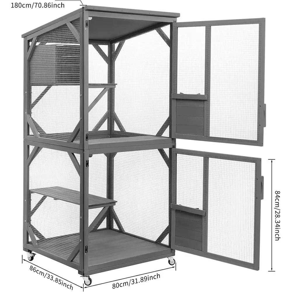 Outdoor Large Wooden Cat Enclosure with Upgraded Resting Box, Waterproof Roof for Kitten Patio Indoor