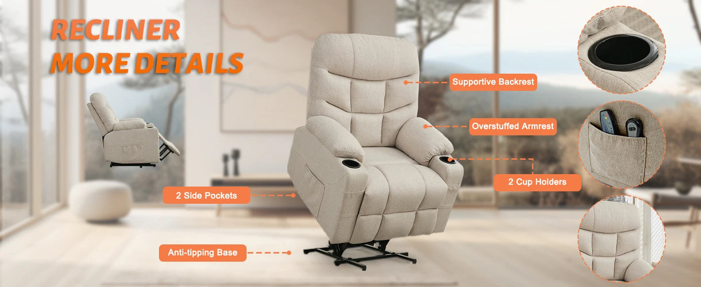Power Lift Recliner Chair for Elderly and Adults, Electric Recliner with Remote Control and Cup Holders for Living Room