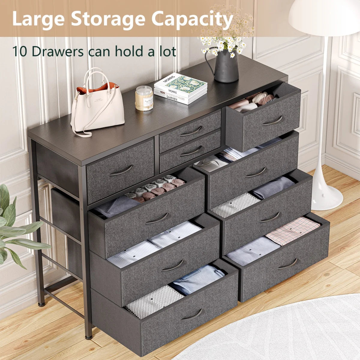 Dresser with 10 Drawers TV Stand Entertainment Center for Bedroom Entryway,Metal Frame