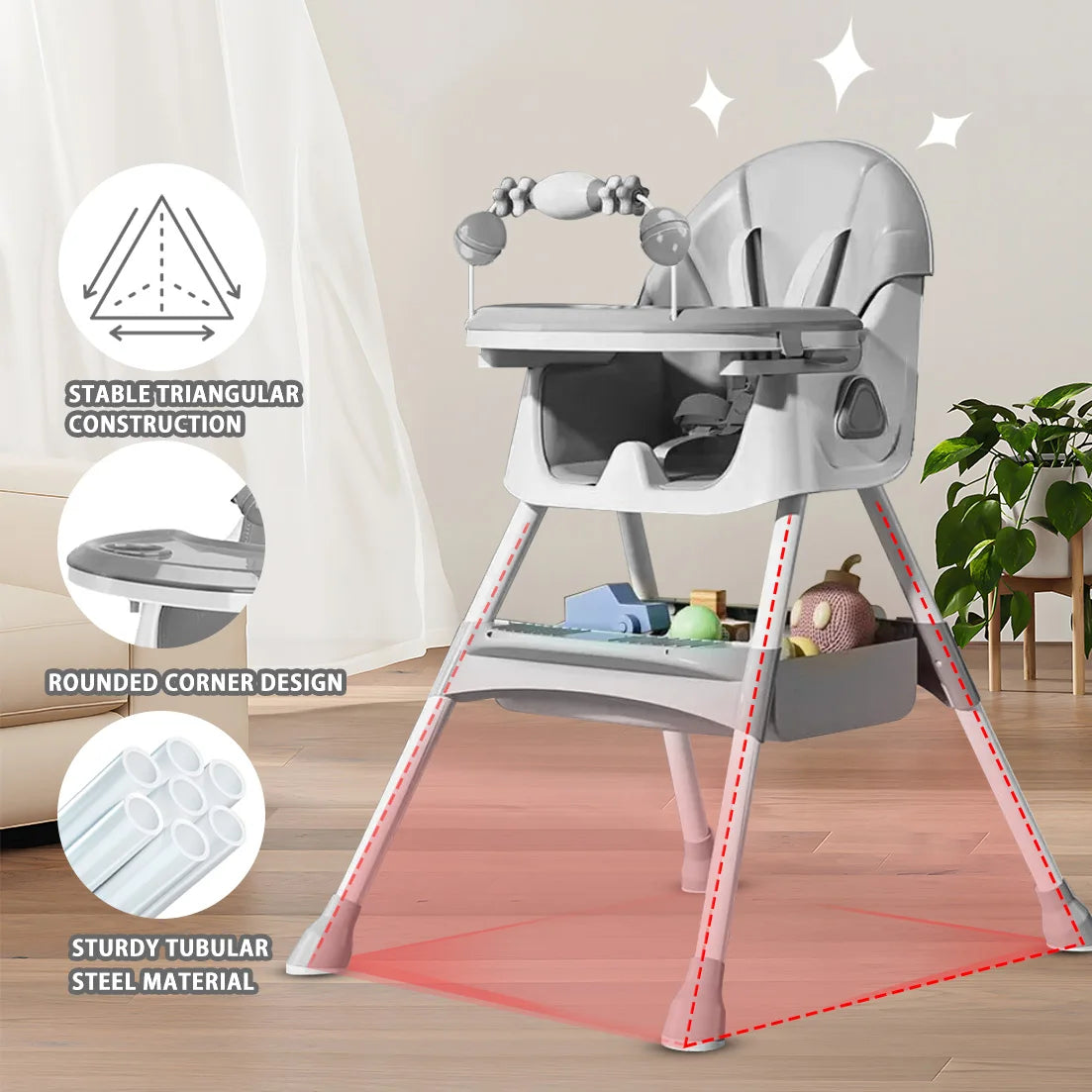 PIORLADO Foldable Baby High Chair With Tray And Toy Rack