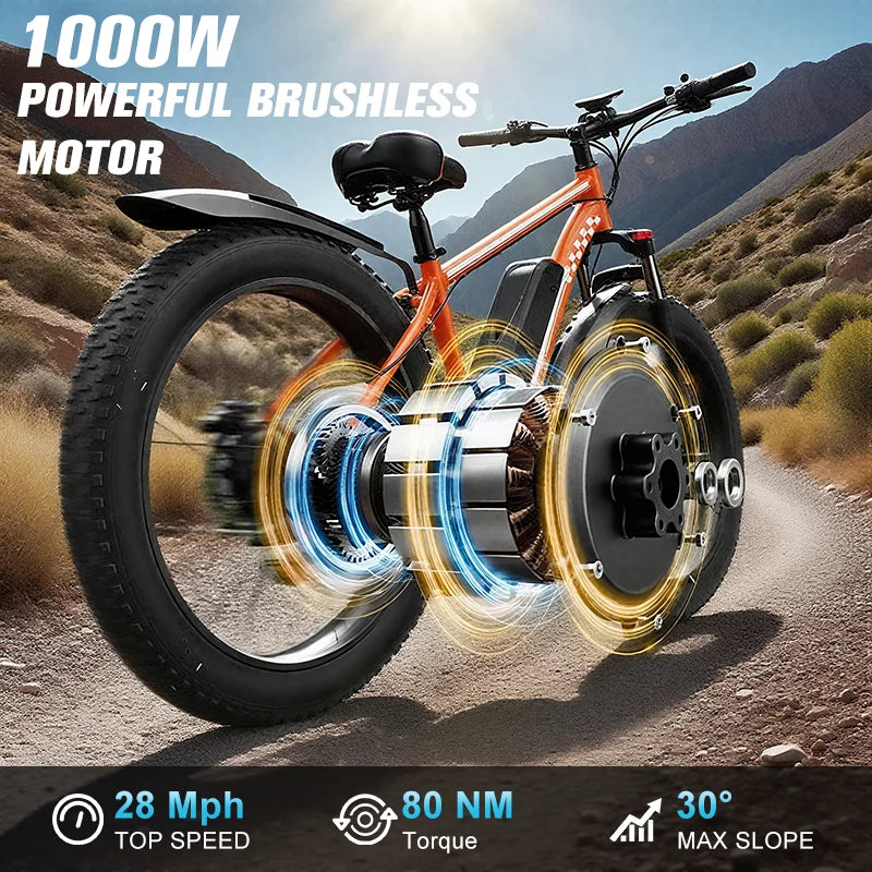 Electric Bicycle 1000W Motor 48V15AH Lithium Battery Electric Bike Disc Brake 26*4 Inch Fat Tire Snow E-bike