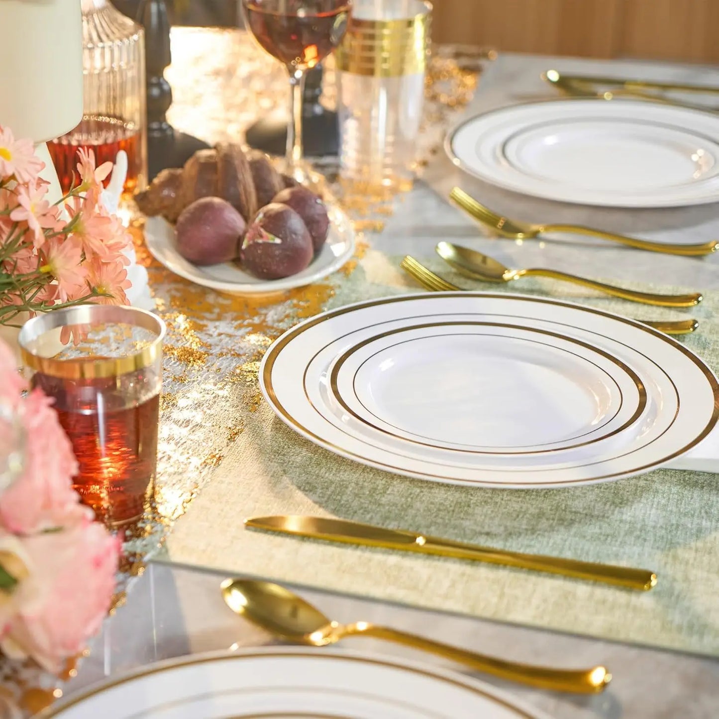 350 Pieces Gold Disposable Plates for 50 Guests, Disposable Plastic Plates for Party,Wedding, Dinnerware Set of 50 Dinner Plates