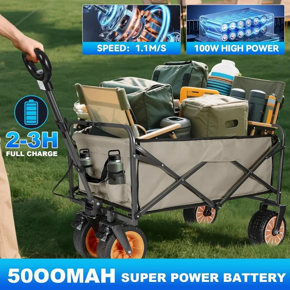 Best seller  Electric Collapsible Garden Wagon Cart w/Wheel,Rolling Foldable Metal Utility Wagon Carts,100w Power and 300lb Capa