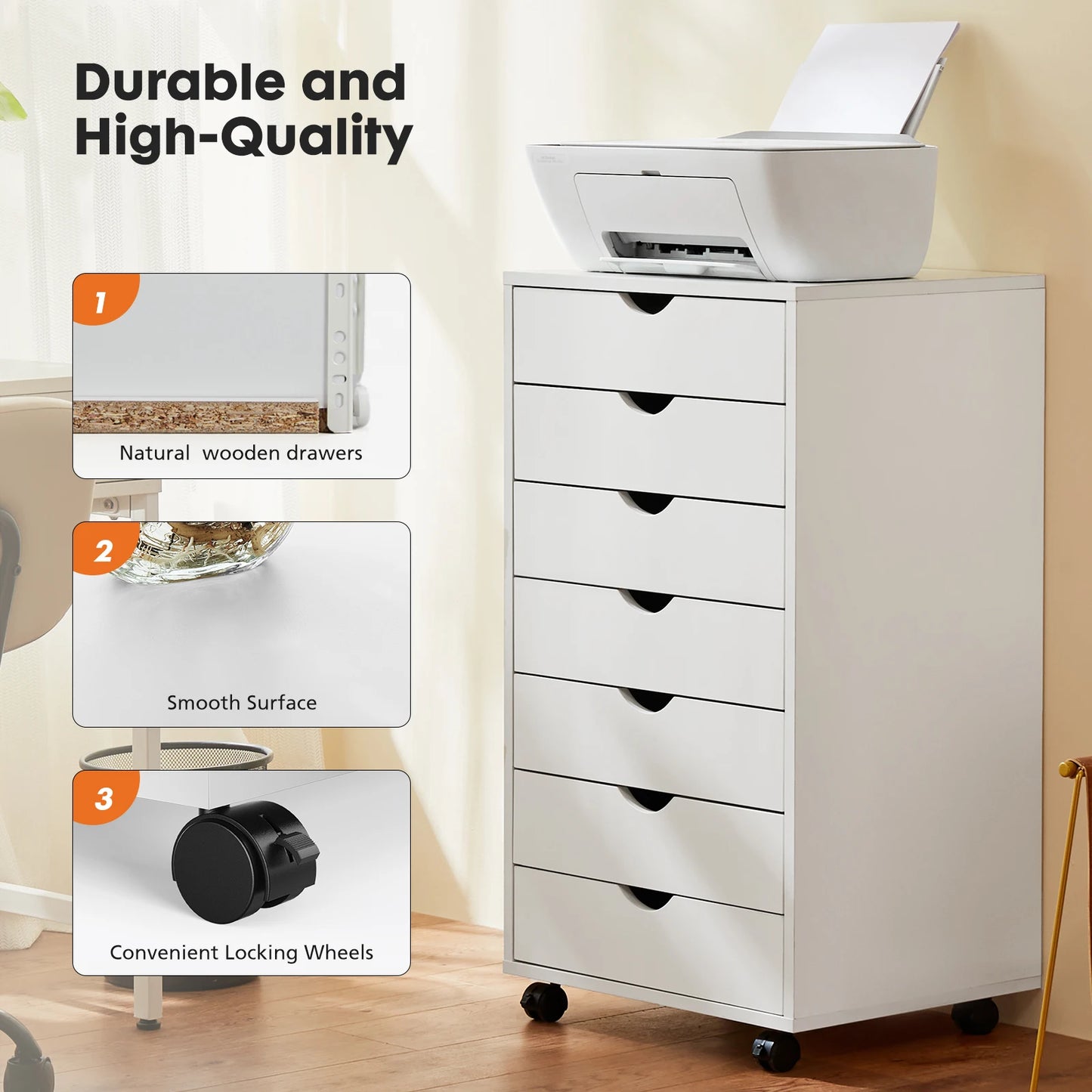 JHK 7 Drawer Chest Nightstand Storage Cabinet With Rollers