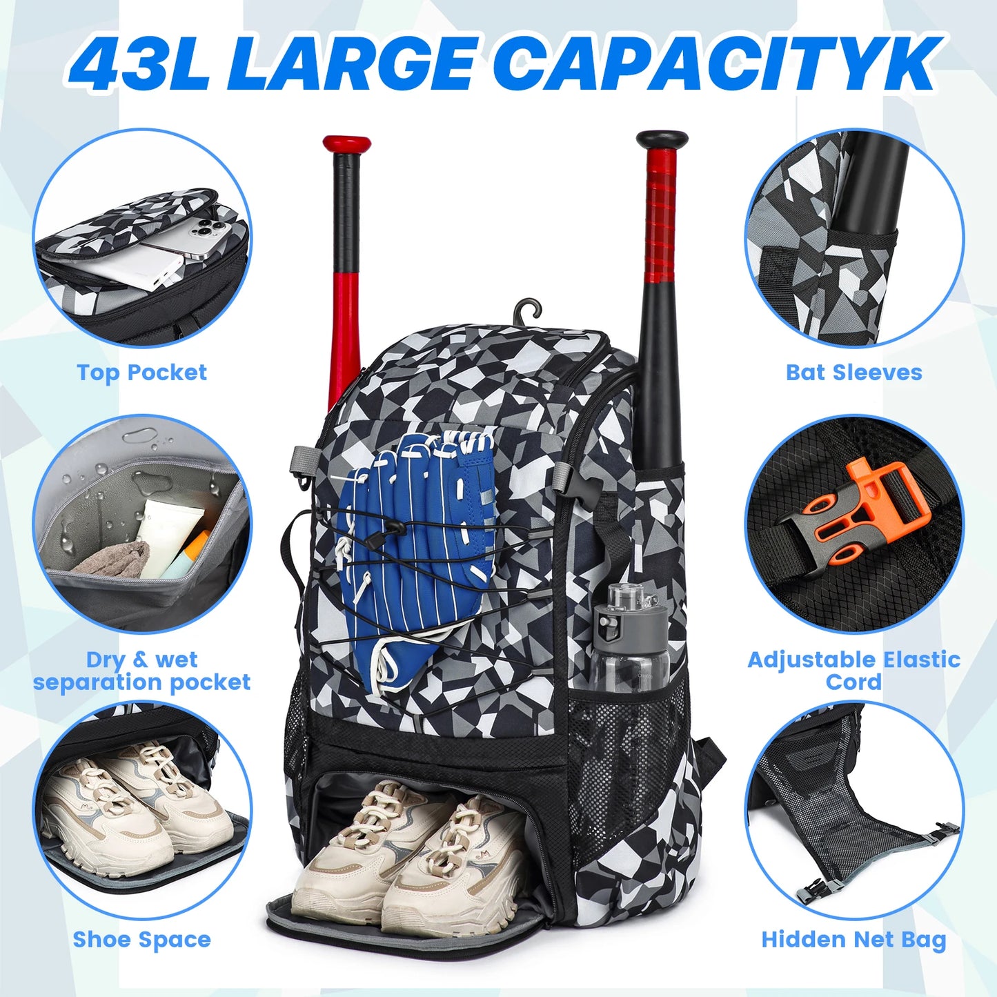 Baseball Equipment Bag Baseball Backpack with Shoe Compartment Softball Bat Bag for Youth Large Capacity Sport Baseball Backpack