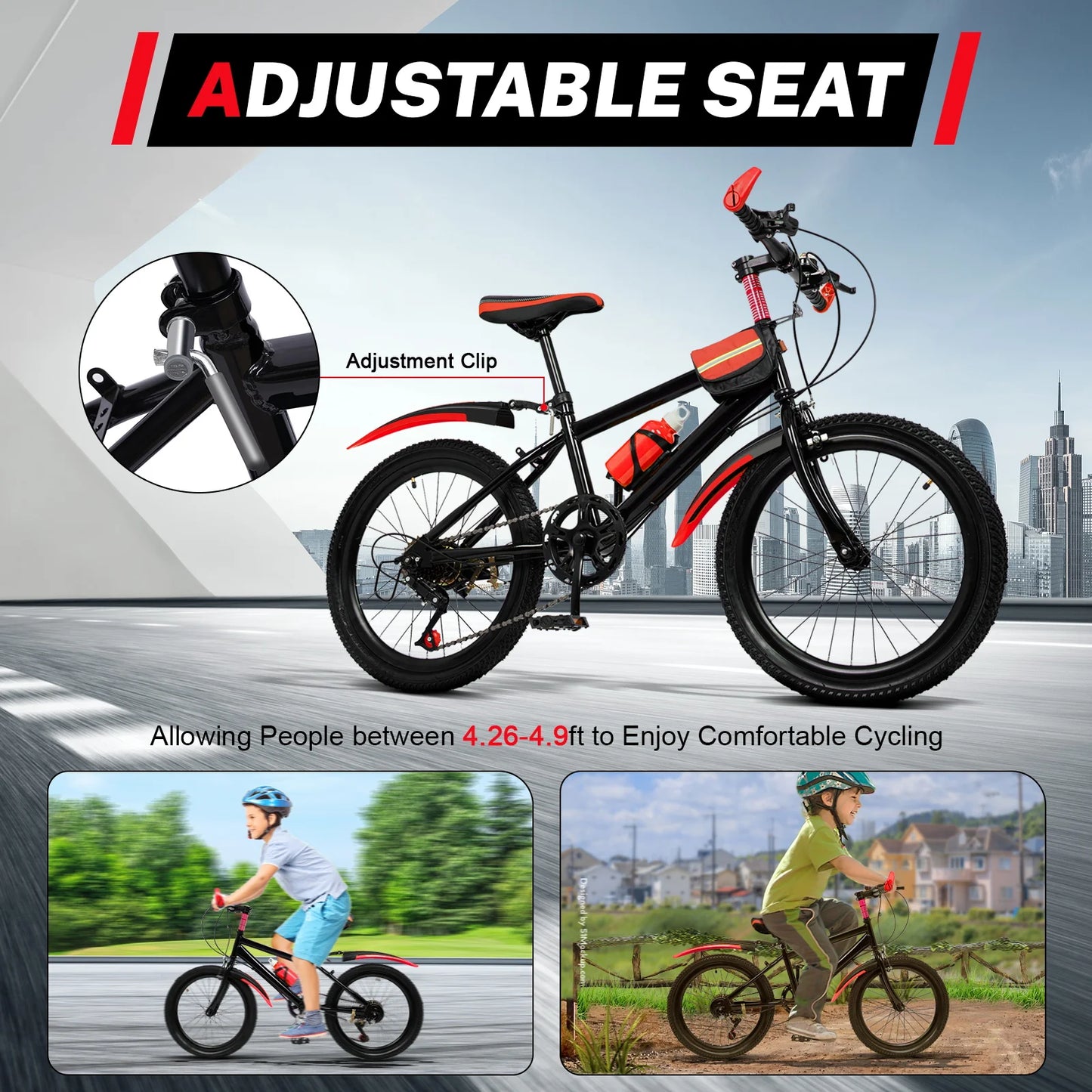 20" Mountain Bike Kids' Bicycles, 7 Speed Gears Children's Bike with Kettle&holder Height Adjustable for Riding on Roads