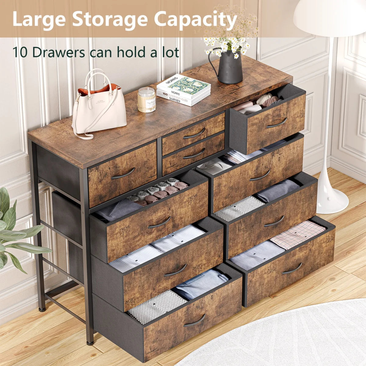 Dresser with 10 Drawers TV Stand Entertainment Center for Bedroom Entryway,Metal Frame