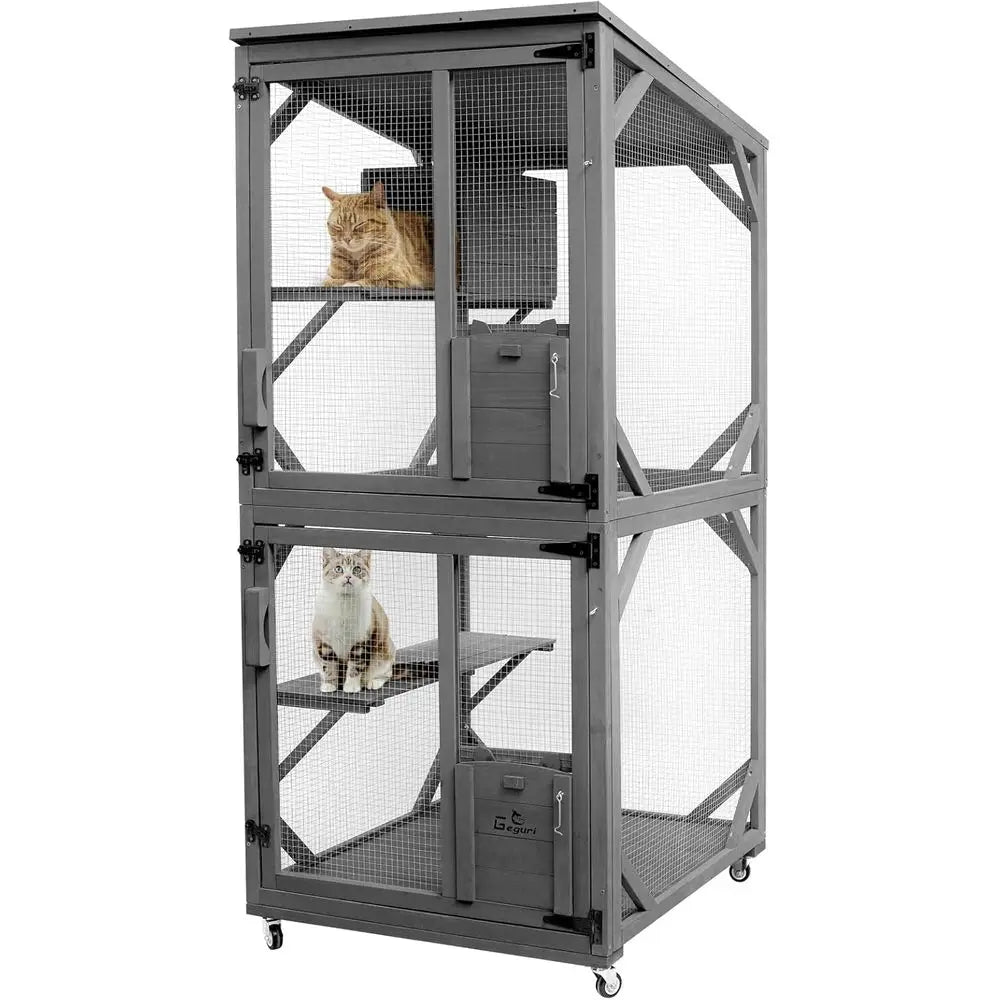 Outdoor Large Wooden Cat Enclosure with Upgraded Resting Box, Waterproof Roof for Kitten Patio Indoor