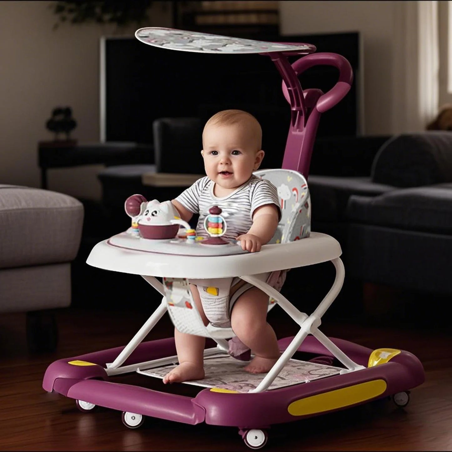6 in 1 Baby Walker with Music,Lights,Spinning Wheels,Toy Rack,Pusher,Dining Tray For 7 Months Plus Kids Push Walker Antirollover