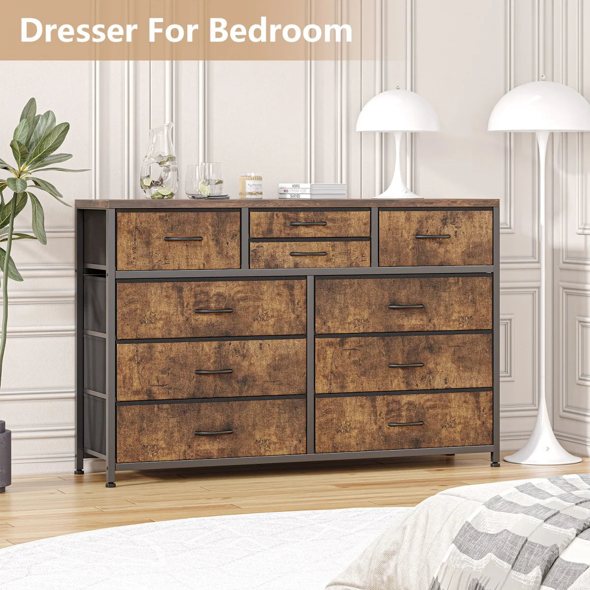 Dresser with 10 Drawers TV Stand Entertainment Center for Bedroom Entryway,Metal Frame