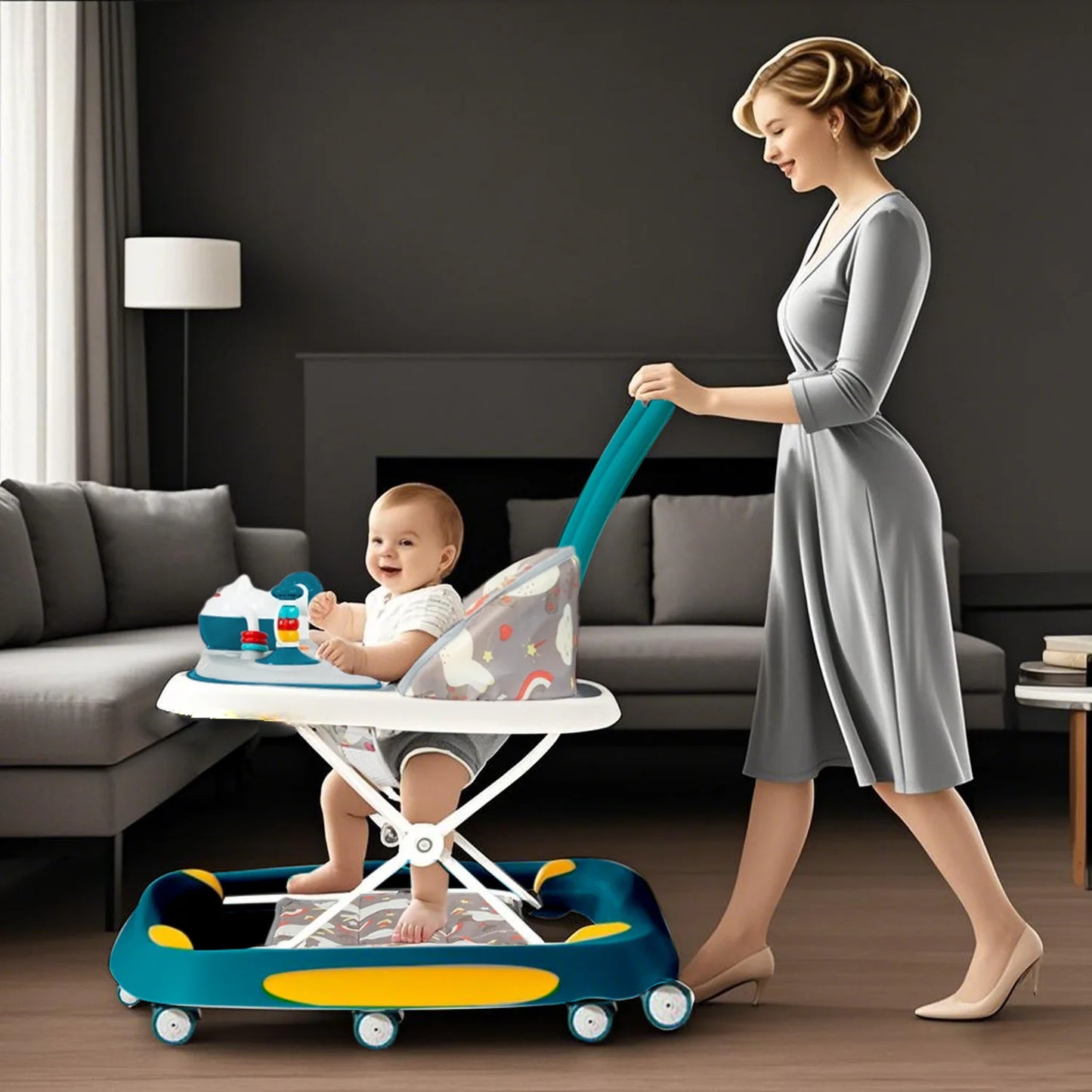 6 in 1 Baby Walker with Music,Lights,Spinning Wheels,Toy Rack,Pusher,Dining Tray For 7 Months Plus Kids Push Walker Antirollover