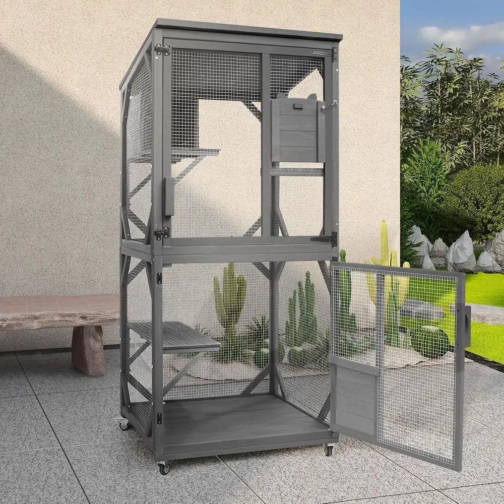 Outdoor Large Wooden Cat Enclosure with Upgraded Resting Box, Waterproof Roof for Kitten Patio Indoor
