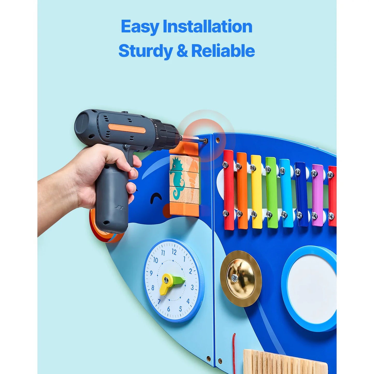 SucceBuy Orca Kids Wall Busy Board 12 Activities Hanging Panels Montessori Sensory Learning Toys for Toddler 3-12 Play Toys