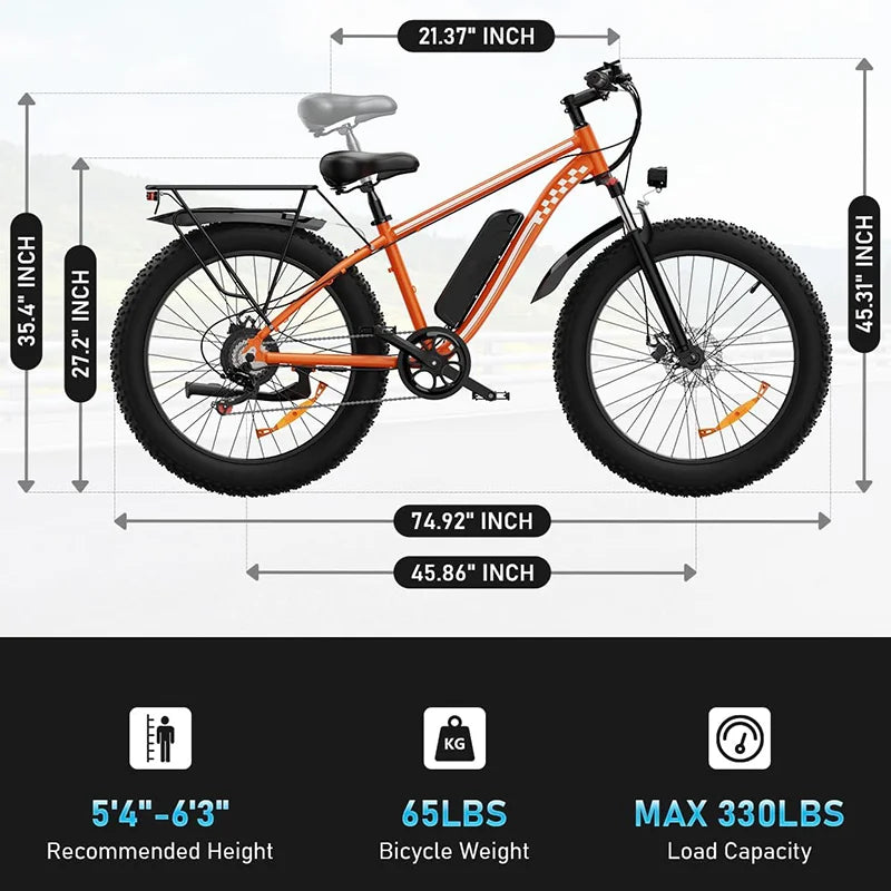 Electric Bicycle 1000W Motor 48V15AH Lithium Battery Electric Bike Disc Brake 26*4 Inch Fat Tire Snow E-bike