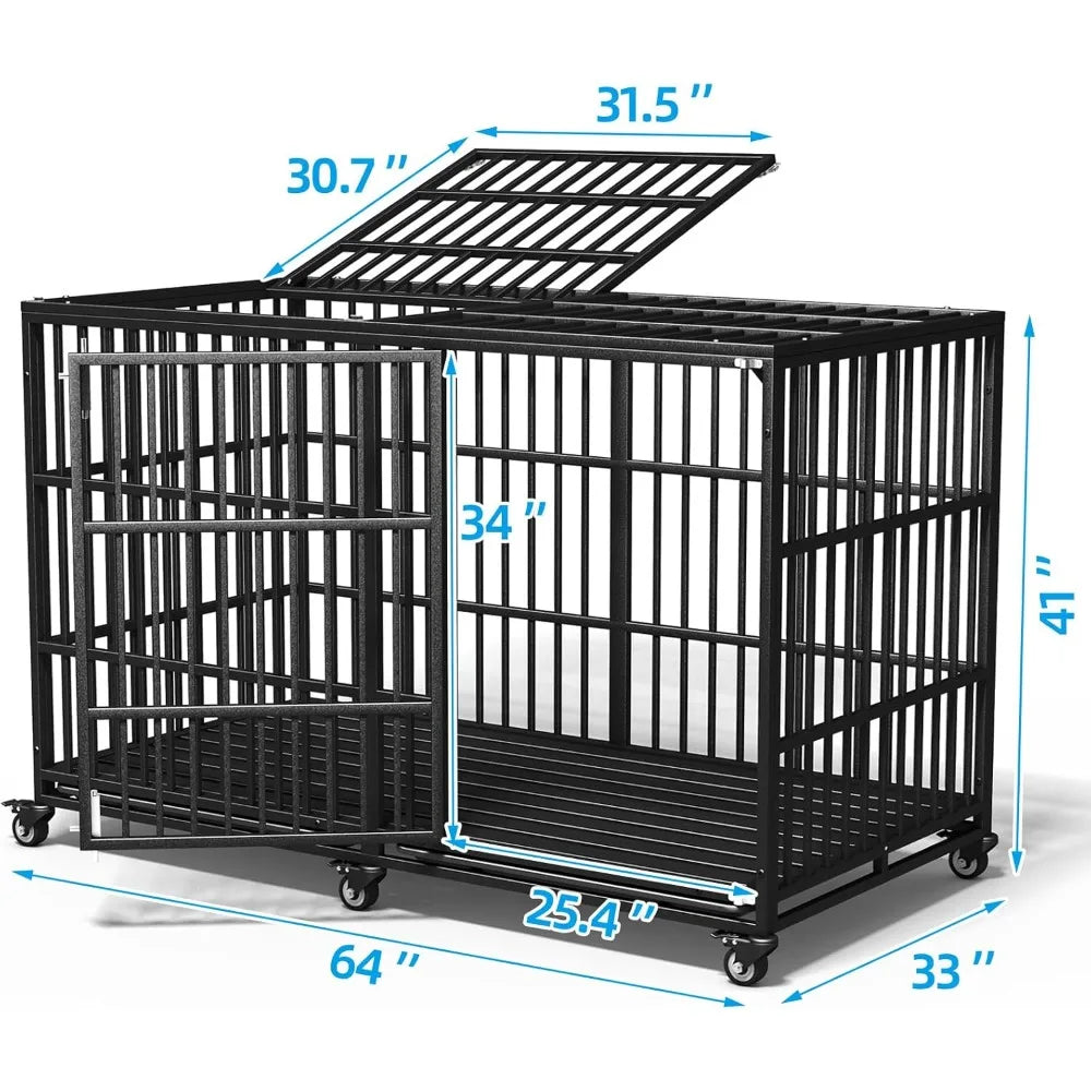 64" Heavy Duty Dog Crate Indestructible Dog Pet Kennel Cage for Extra Large Giant Breeds Double Doors Locakable Wheels High Anxi