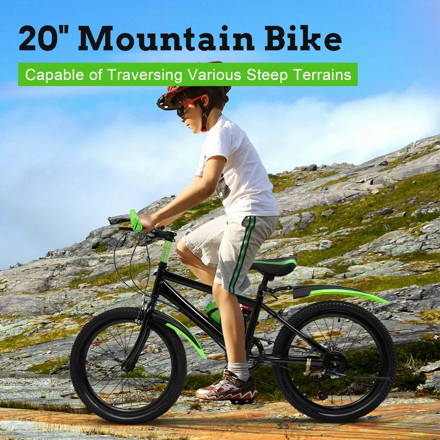 20In Mountain Bike 7 Speeds Adjustable Height Kids Bicycle for Boys, Girls MTB Children's Bicycle with Double Disc Brake