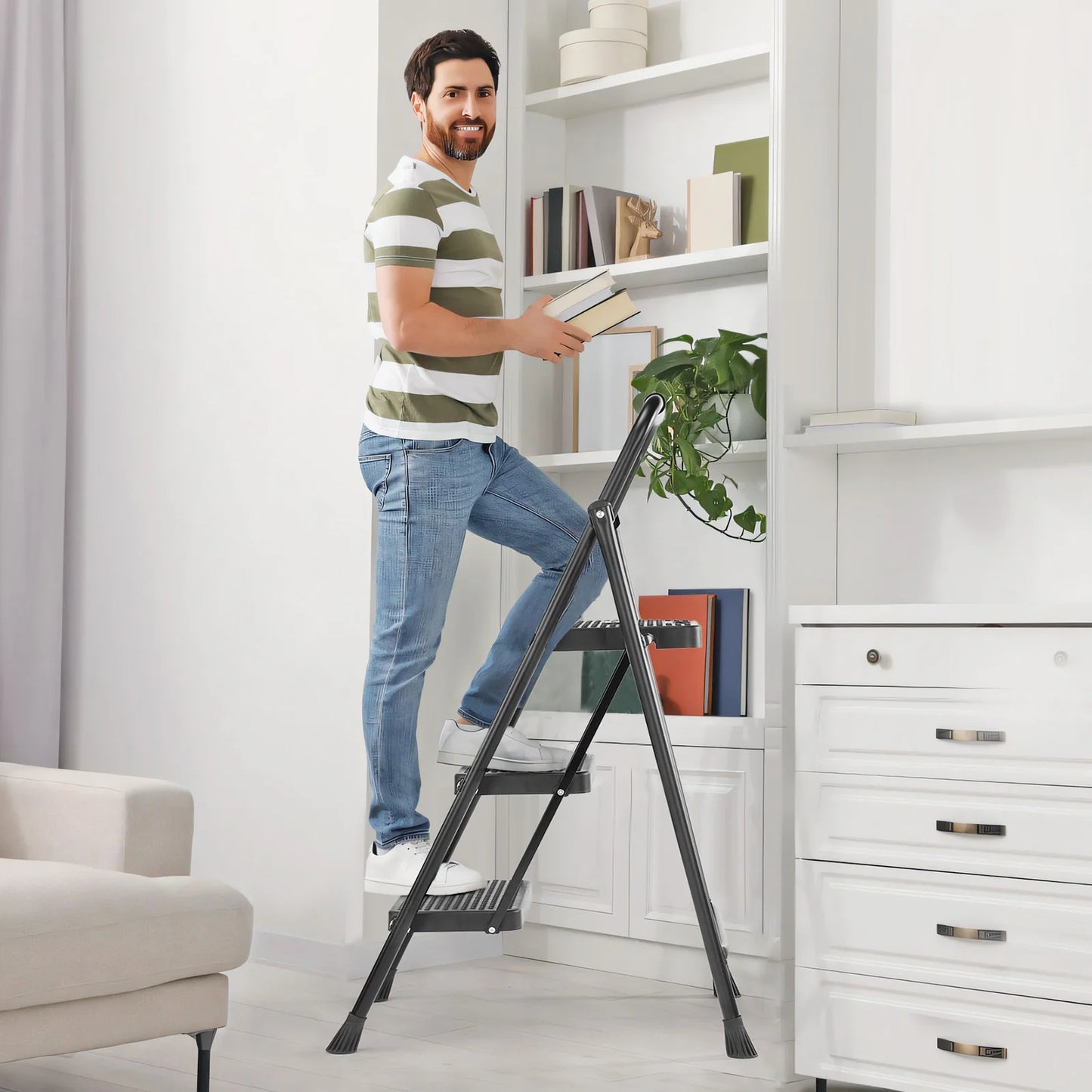Compact JHK Folding Step Ladder Stool With Anti Slip Pedal