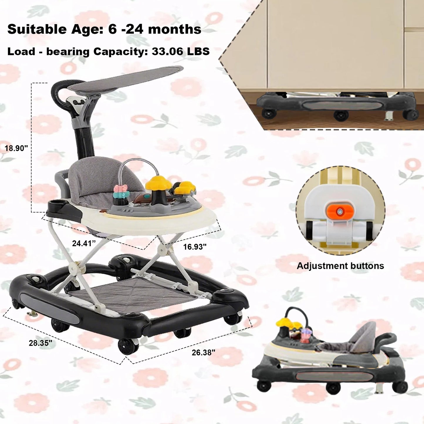 MeiLun Baby Walker Foldable Four Wheel Learning Walker