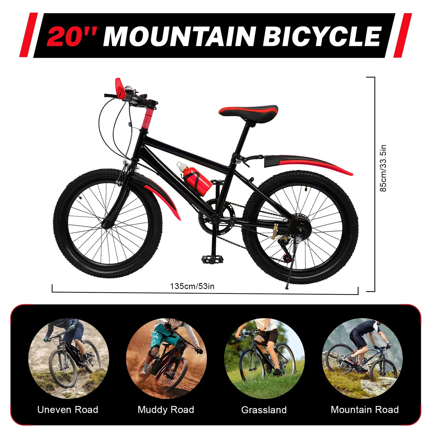 20" Mountain Bike Kids' Bicycles, 7 Speed Gears Children's Bike with Kettle&holder Height Adjustable for Riding on Roads