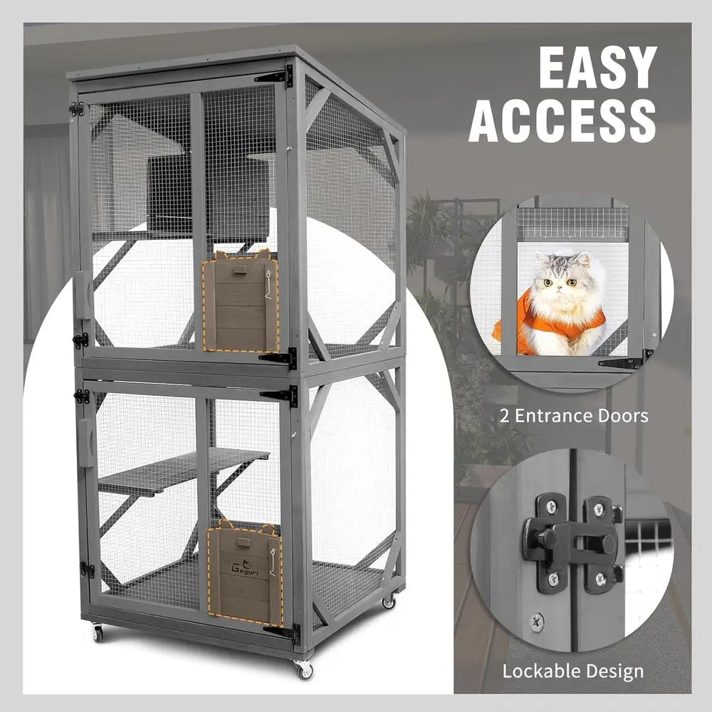 Outdoor Large Wooden Cat Enclosure with Upgraded Resting Box, Waterproof Roof for Kitten Patio Indoor