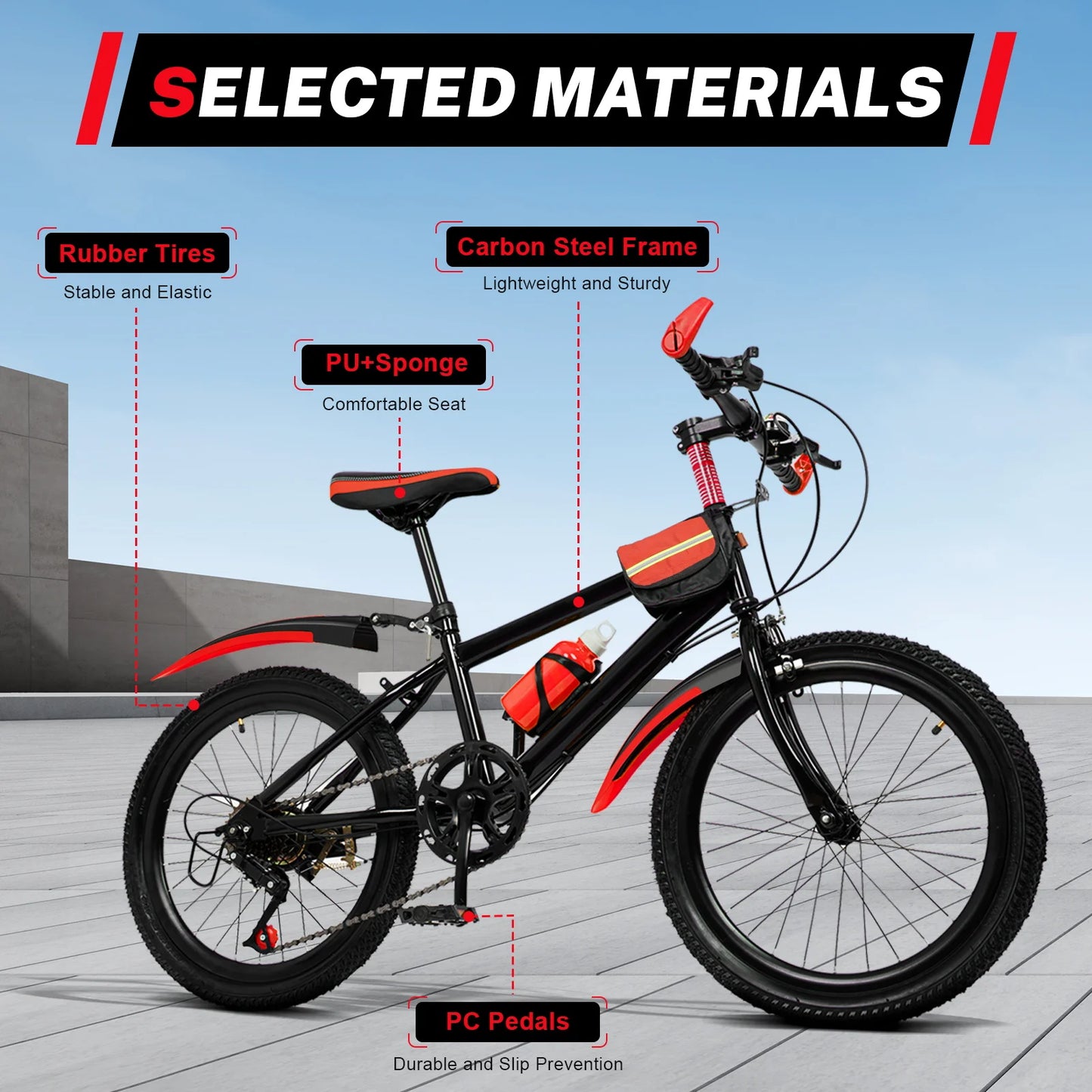 20" Mountain Bike Kids' Bicycles, 7 Speed Gears Children's Bike with Kettle&holder Height Adjustable for Riding on Roads