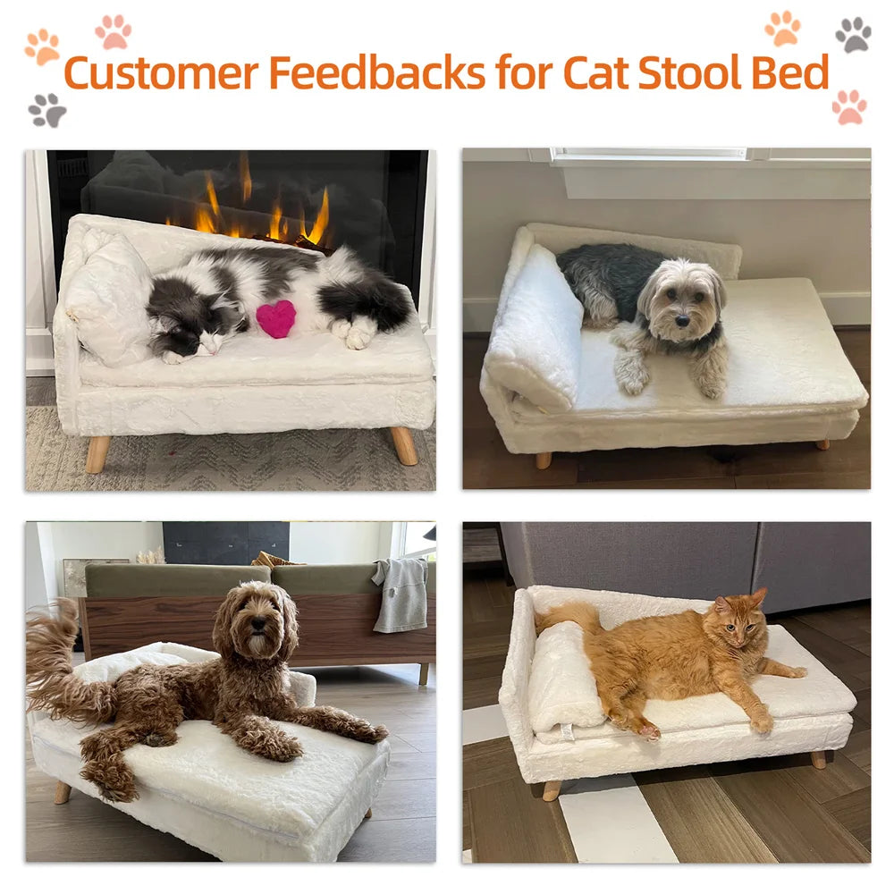 Luxury Elevated Dog Sofa Bed with Backrest Plush Cushion Wooden Legs Raised Dog Bed Lounger Chair for Small Medium Dog Cat Chair