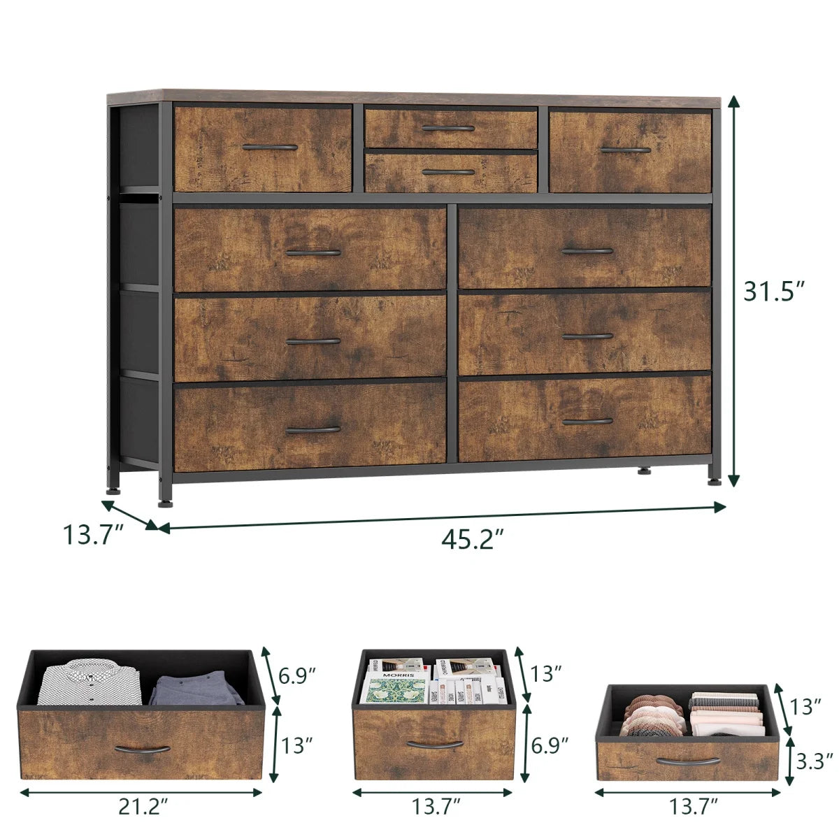Dresser with 10 Drawers TV Stand Entertainment Center for Bedroom Entryway,Metal Frame