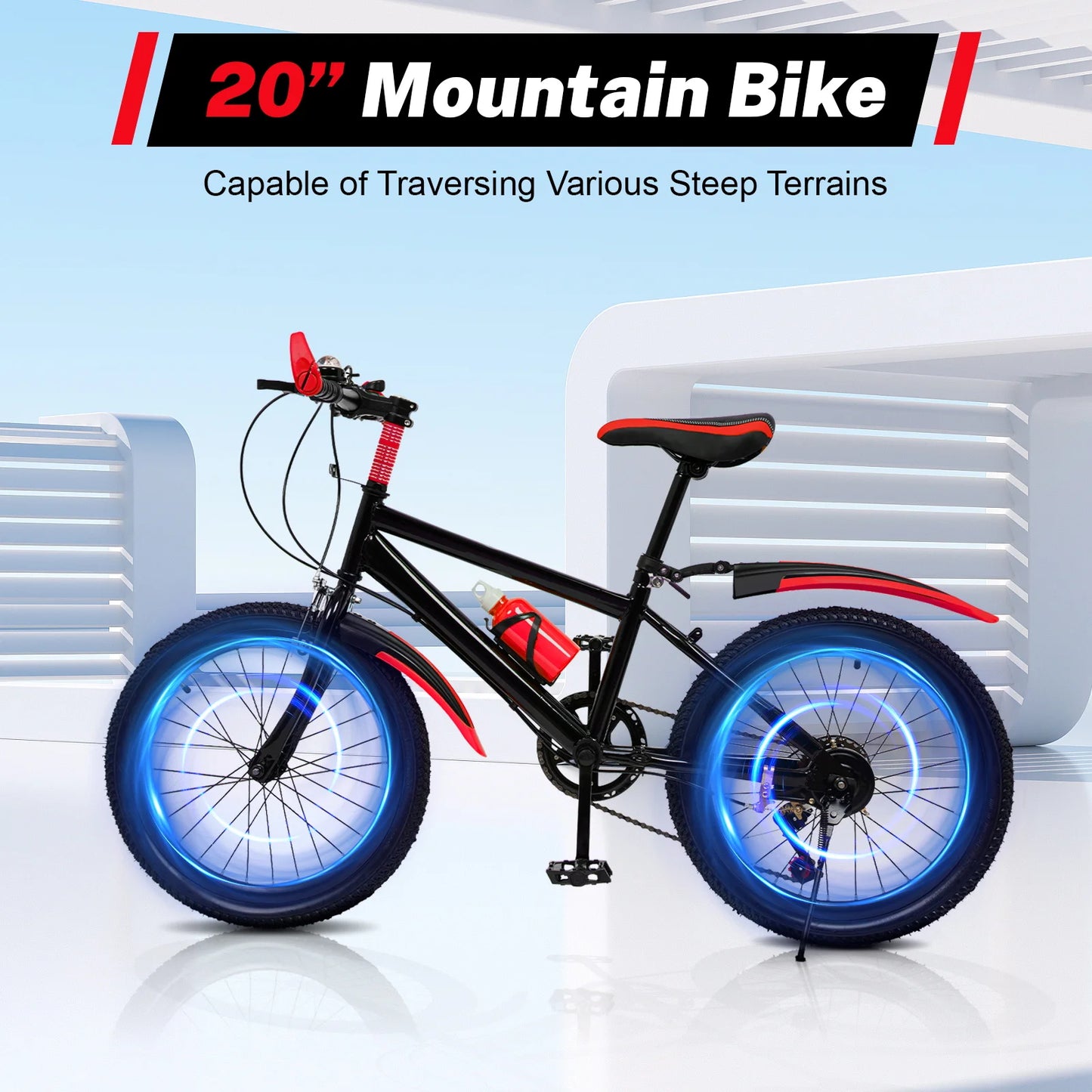 20" Mountain Bike Kids' Bicycles, 7 Speed Gears Children's Bike with Kettle&holder Height Adjustable for Riding on Roads