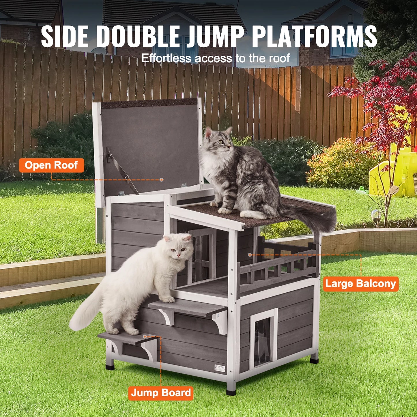 SucceBuy Outdoor Cat House Weatherproof Feral Cat Shelter 2-story Large Outdoor Wooden Cat House with Balcony Door and Open Roof