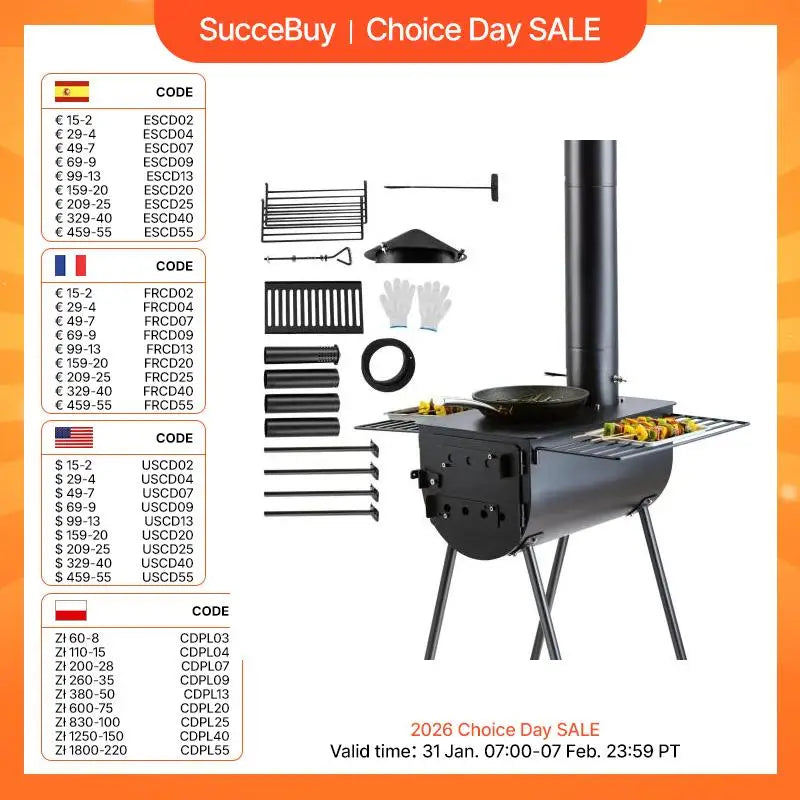 SucceBuy 118in Wood Stove Alloy Steel Camping Tent Portable Wood Burning Stove with Chimney Pipes & Gloves Hot Stove for Outdoor