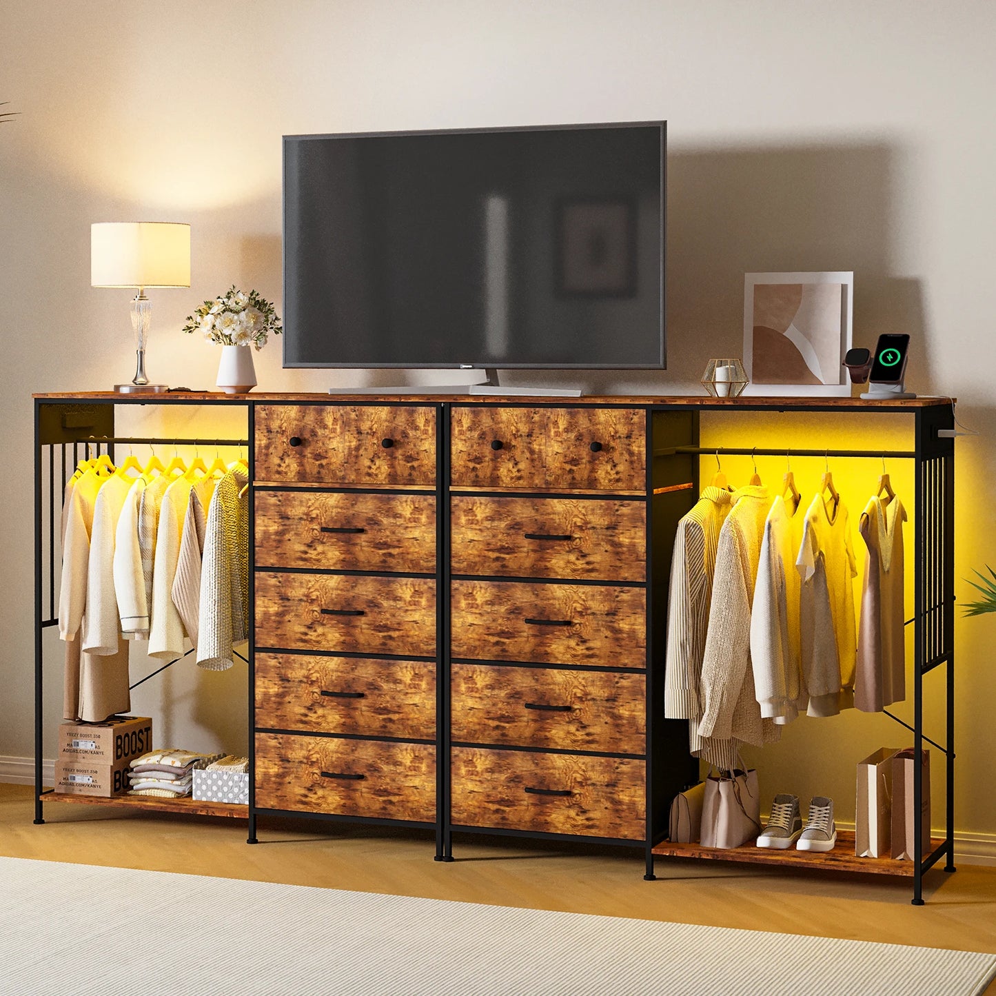 150cm Chest of Drawers, Reversible 6 Fabric Drawers Hanging Rack Dresser Closet w/LED Lights & Charging Station for Kids Bedroom