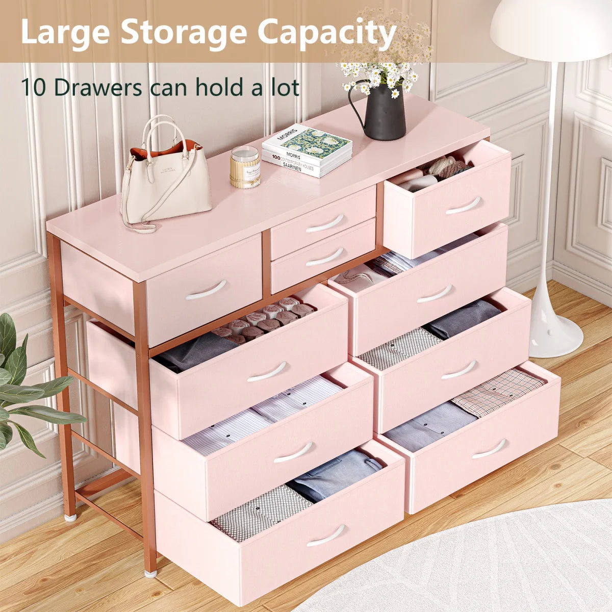 Dresser with 10 Drawers TV Stand Entertainment Center for Bedroom Entryway,Metal Frame