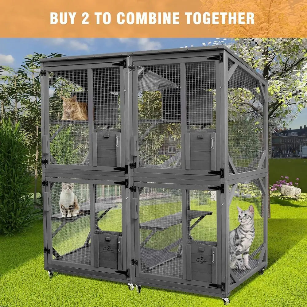 Outdoor Large Wooden Cat Enclosure with Upgraded Resting Box, Waterproof Roof for Kitten Patio Indoor