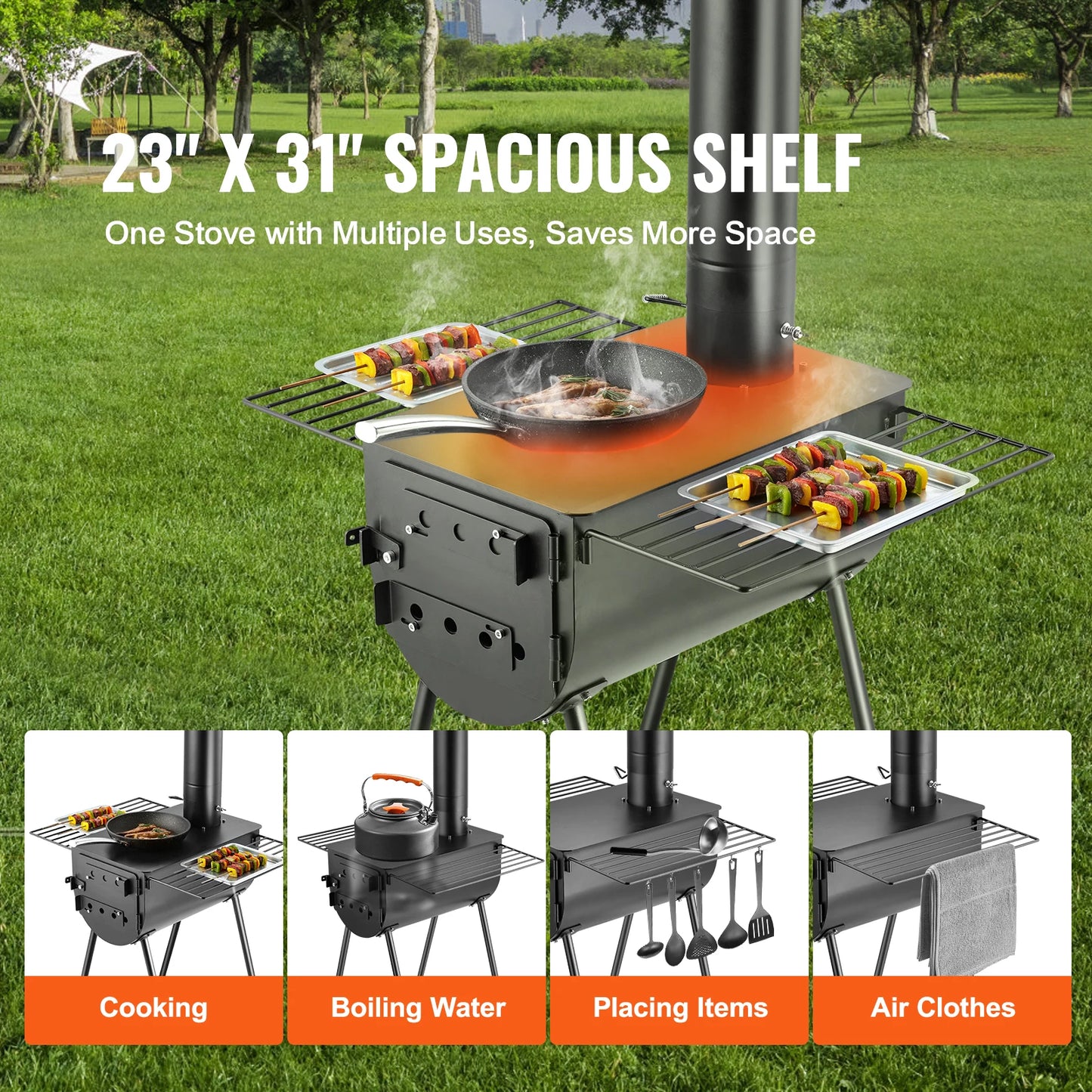 SucceBuy 118in Wood Stove Alloy Steel Camping Tent Portable Wood Burning Stove with Chimney Pipes & Gloves Hot Stove for Outdoor