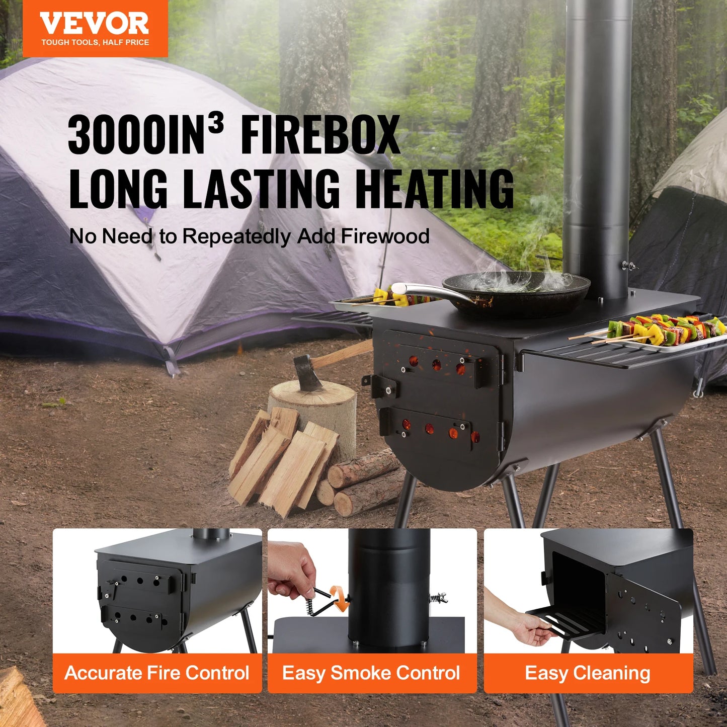 SucceBuy 118in Wood Stove Alloy Steel Camping Tent Portable Wood Burning Stove with Chimney Pipes & Gloves Hot Stove for Outdoor
