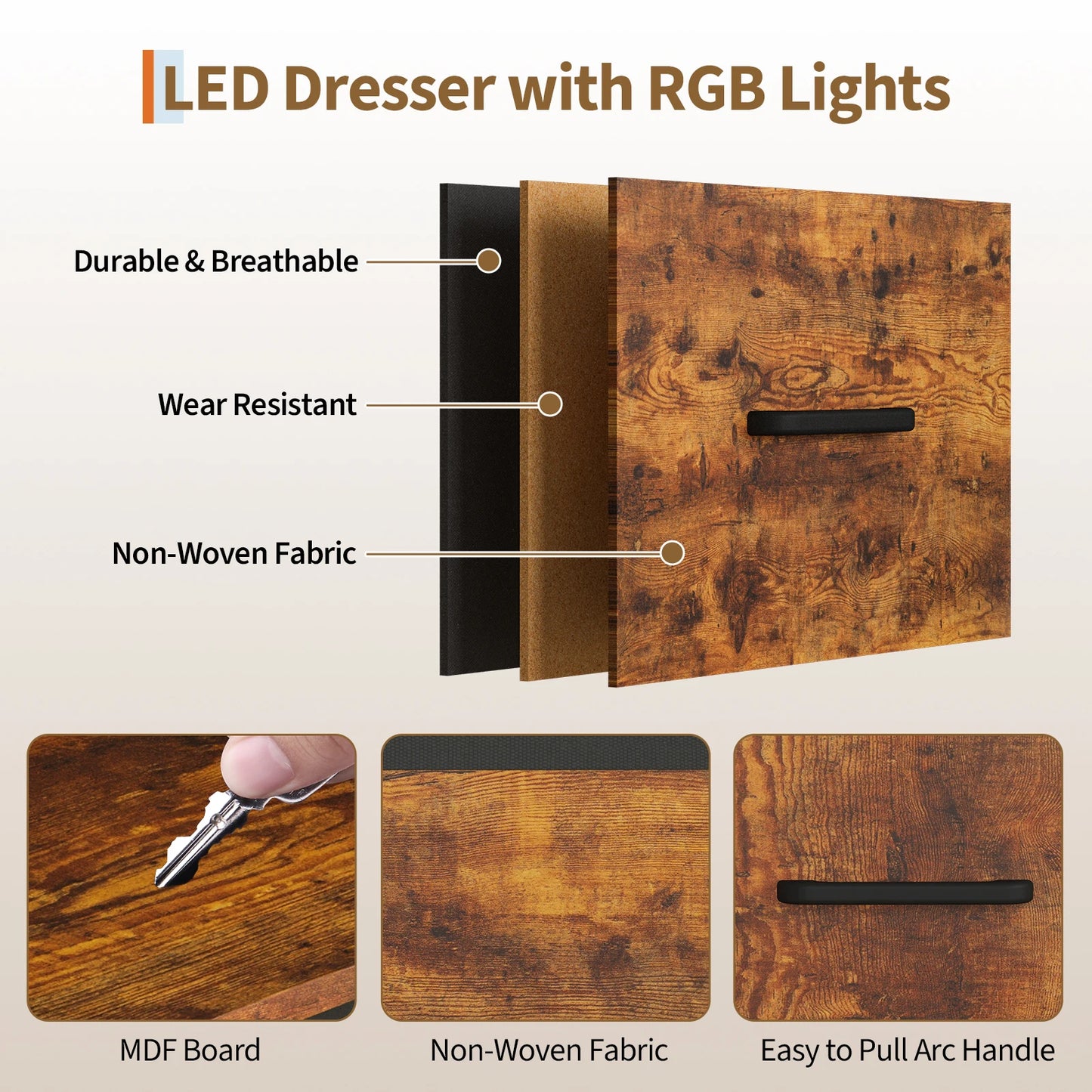 150cm Chest of Drawers, Reversible 6 Fabric Drawers Hanging Rack Dresser Closet w/LED Lights & Charging Station for Kids Bedroom