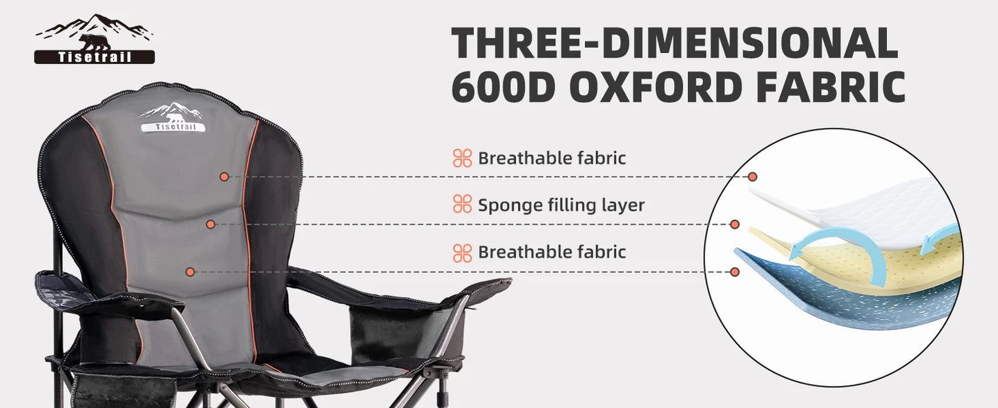 Tisetrail Oversized Camping Chair Folding Chair with Cooler Padded Outdoor Chairs Heavy Duty Support 500 LBS Black&Gray