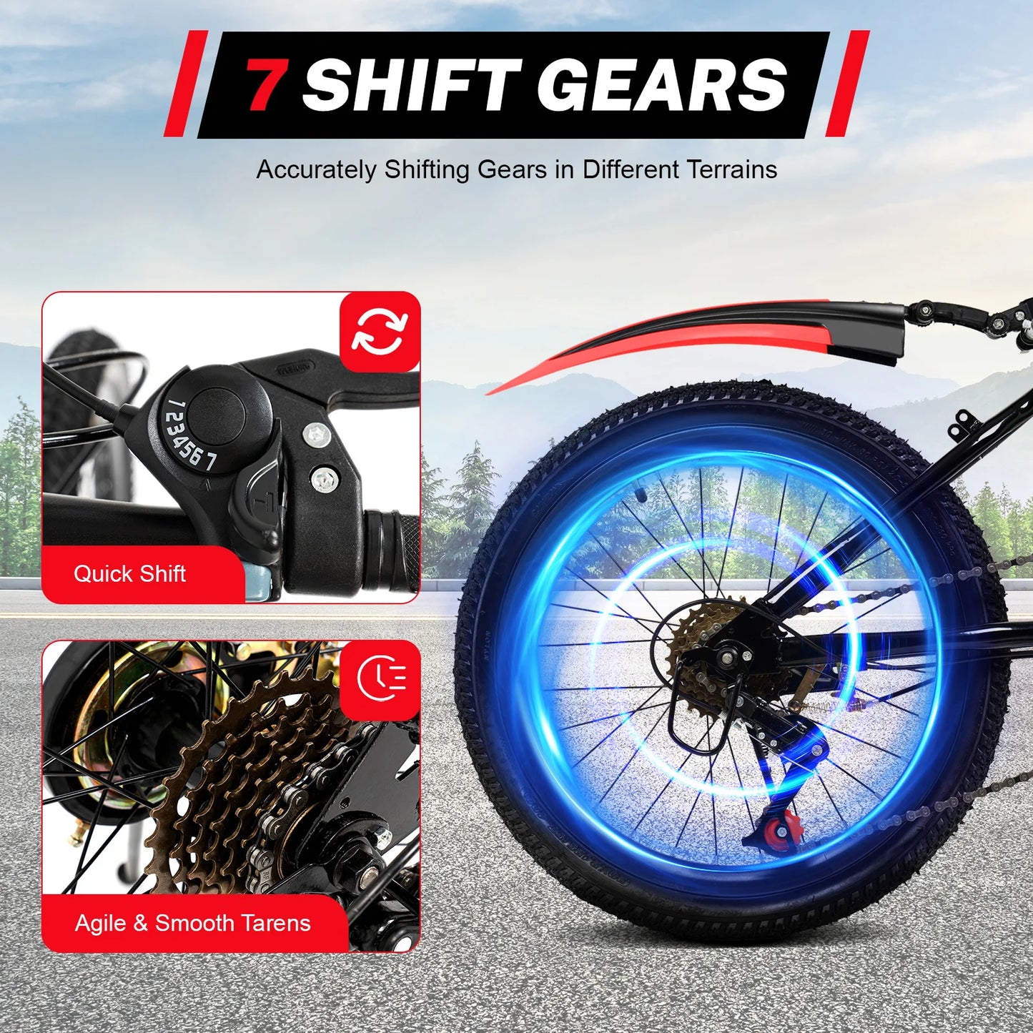 20" Mountain Bike Kids' Bicycles, 7 Speed Gears Children's Bike with Kettle&holder Height Adjustable for Riding on Roads