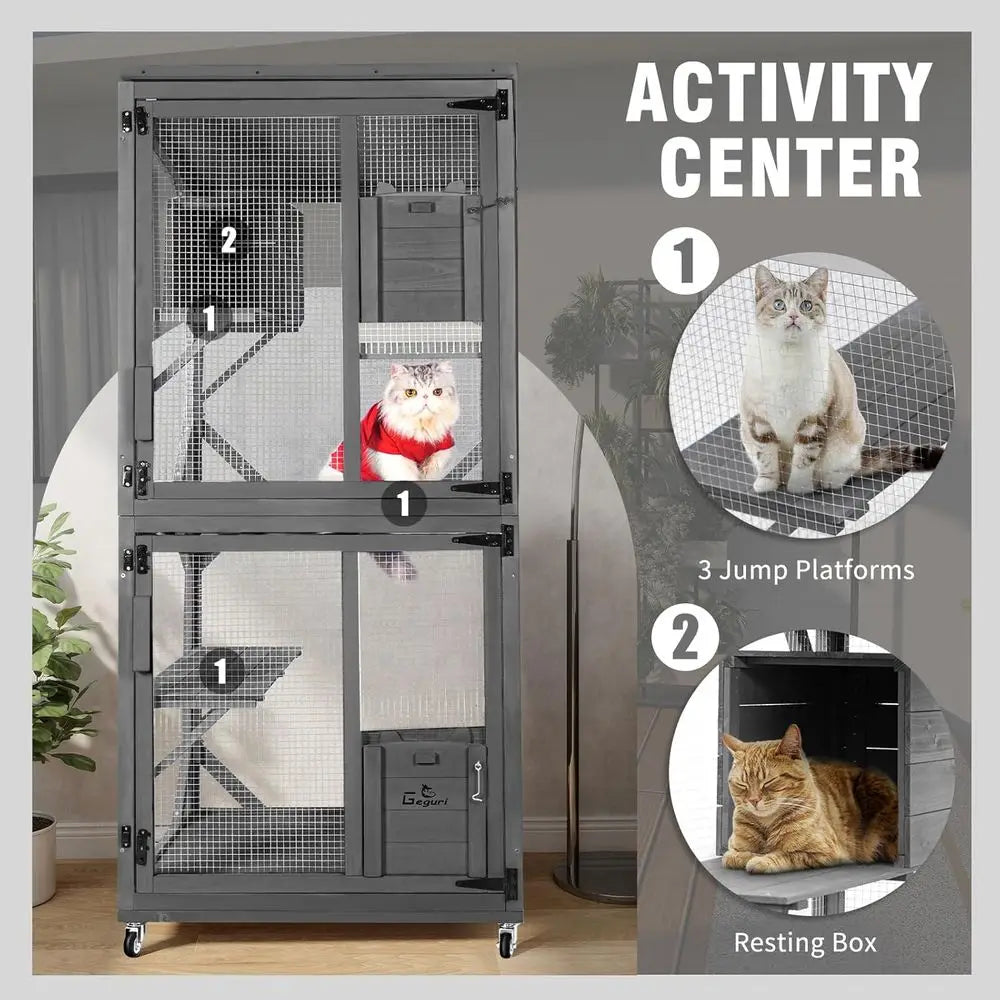 Outdoor Large Wooden Cat Enclosure with Upgraded Resting Box, Waterproof Roof for Kitten Patio Indoor