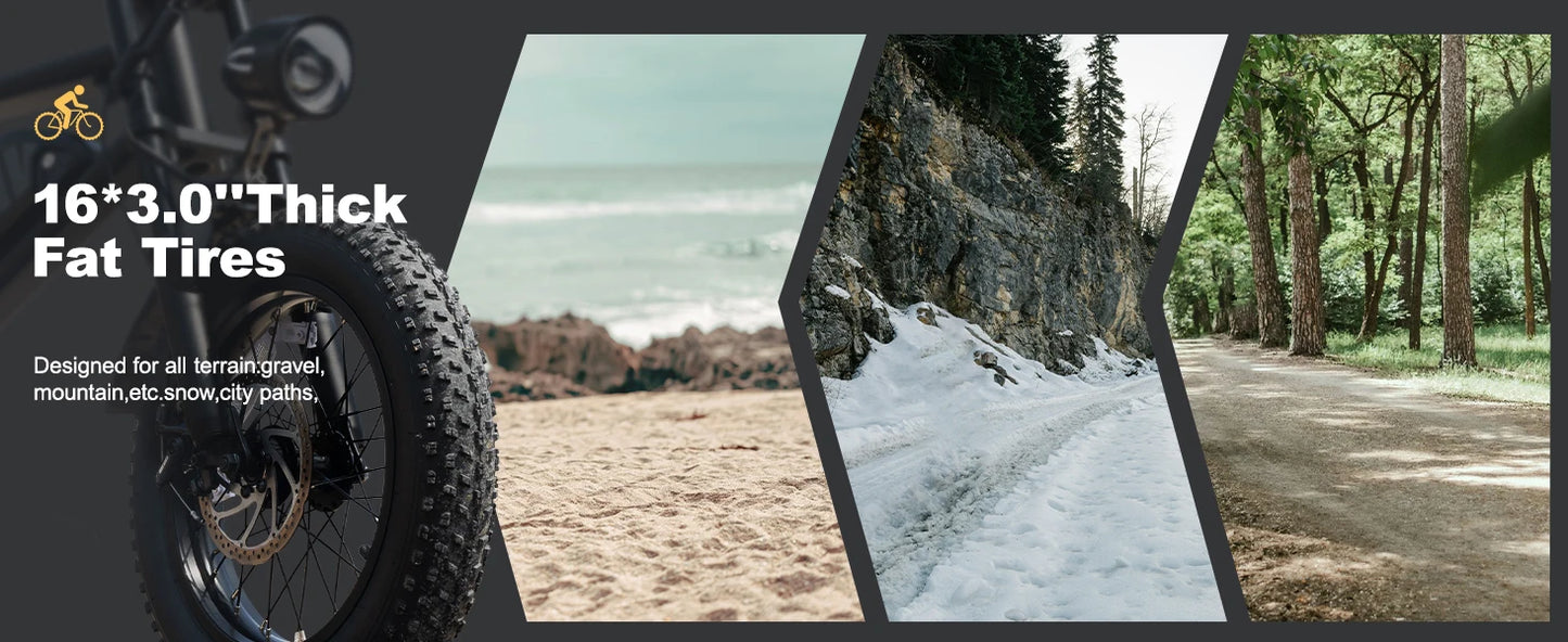 VDL Mountain Electric Bike , 16" Fat Tire Ebike, Wider Seat 800W Peak Motor, Removable Battery, Front Fork Suspension