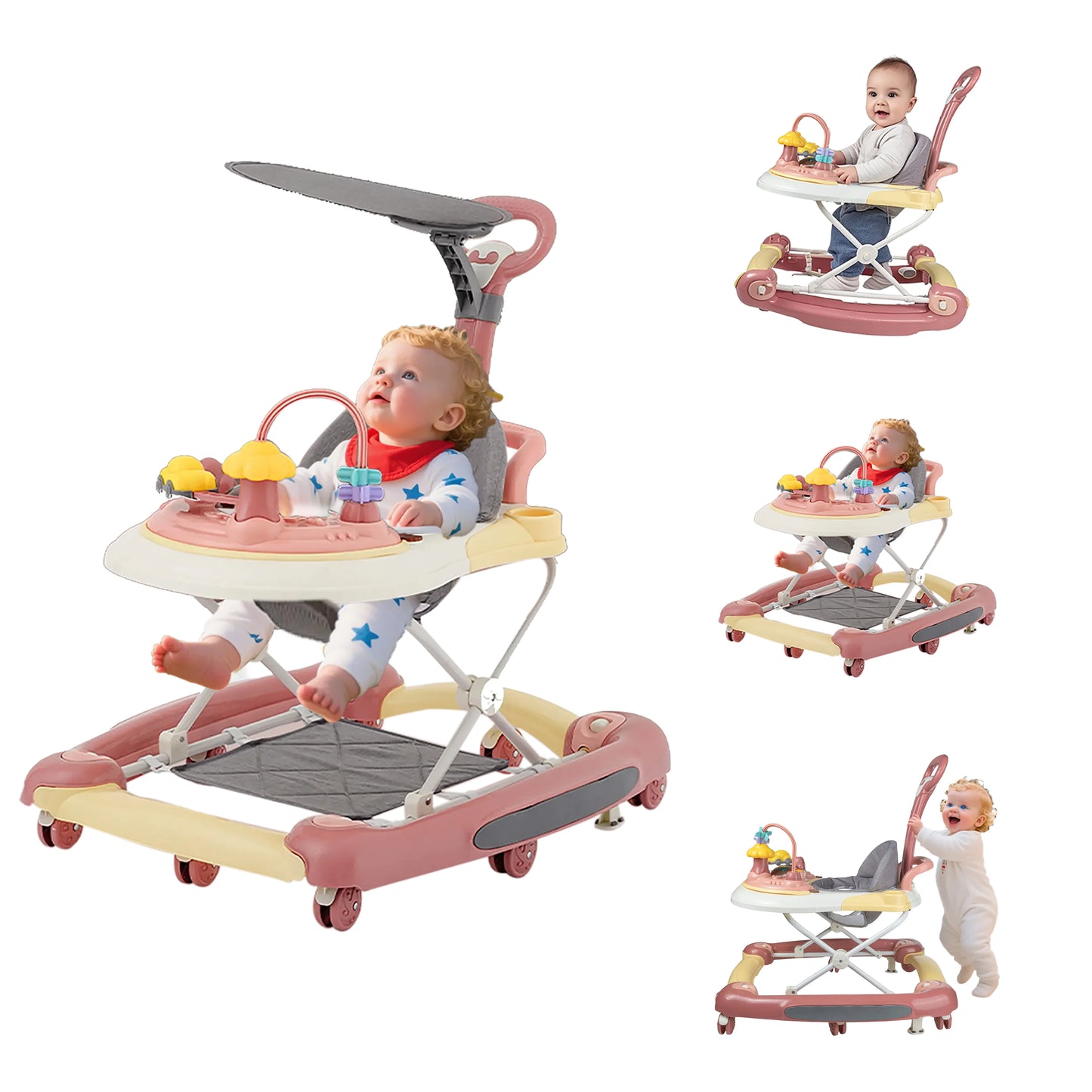 6 in 1 Baby Walker with Music,Lights,Spinning Wheels,Toy Rack,Pusher,Dining Tray For 7 Months Plus Kids Push Walker Antirollover