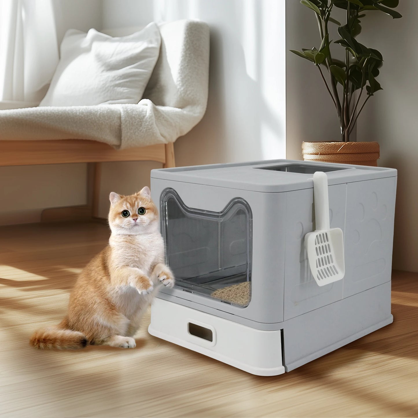 Bingopaw Stainless Steel Cat Litter Box with Lid Front Entry and Top Exit Toilet Box with Litter Scoop for Kittens,Easy Cleaning