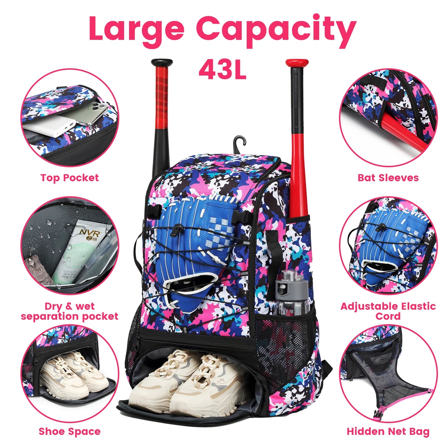 Baseball Equipment Bag Baseball Backpack with Shoe Compartment Softball Bat Bag for Youth Large Capacity Sport Baseball Backpack